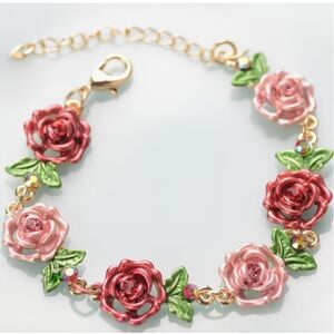 Dark & Light Pink 3D Roses on a Gold Chain Bracelet Green leaves Flowers